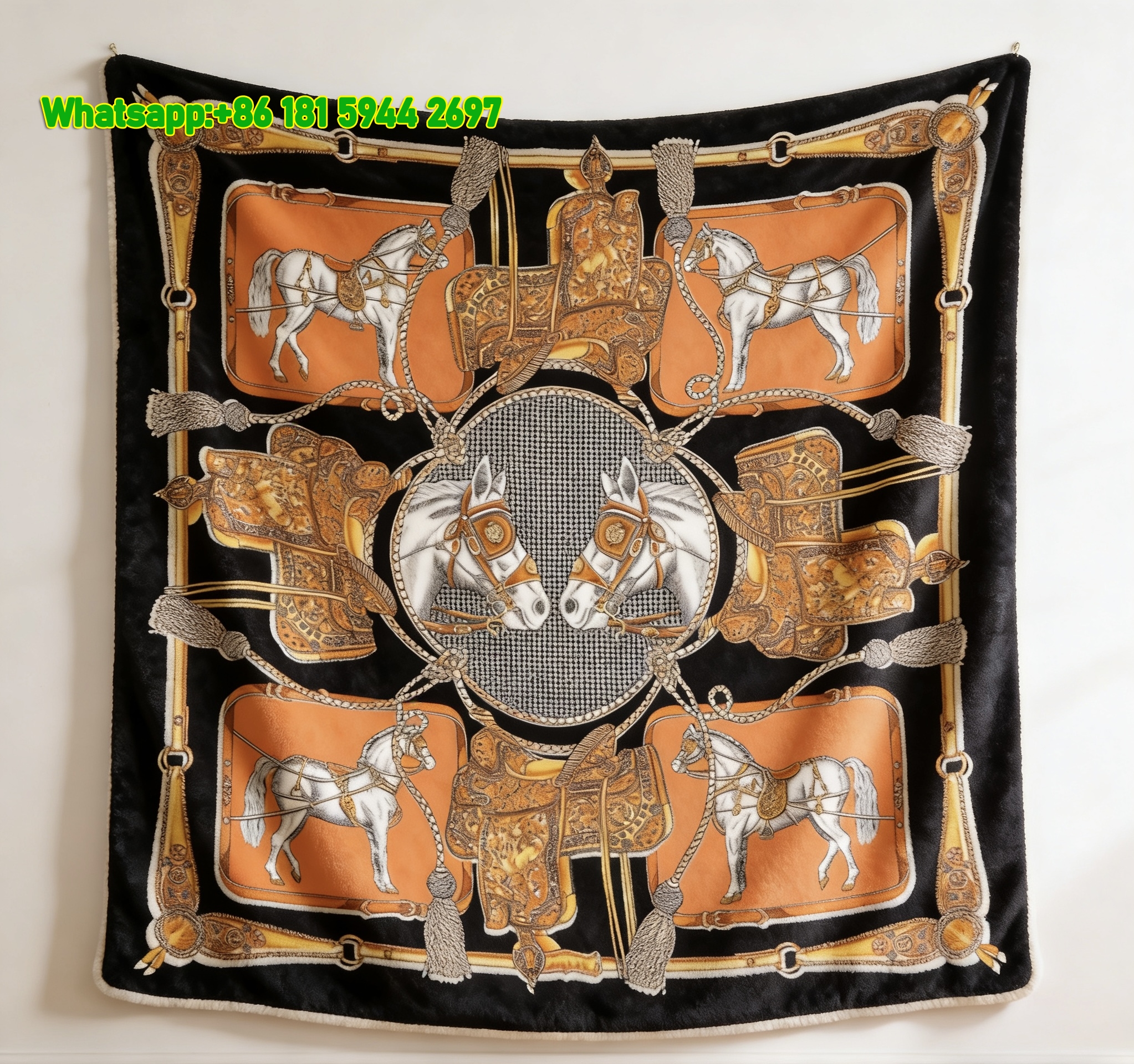 Hermes Equestrian Horse & Saddle Flannel Throw Blanket IMG_5466